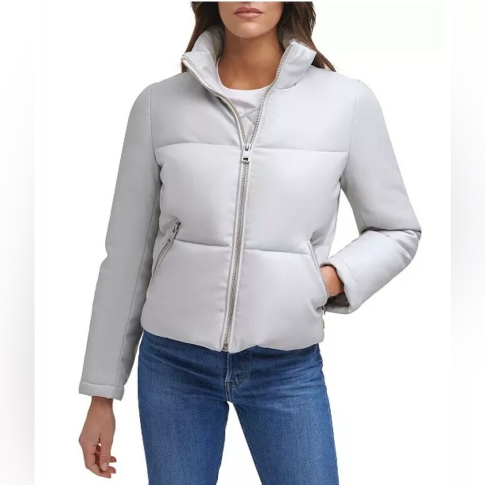 NWT Levi’s Faux Leather Quilted Full Zip Puffer Jacket Bone Gray Size M